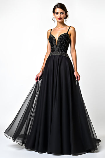 Sparkly Black A Line Spaghetti Straps Long Forma Dress